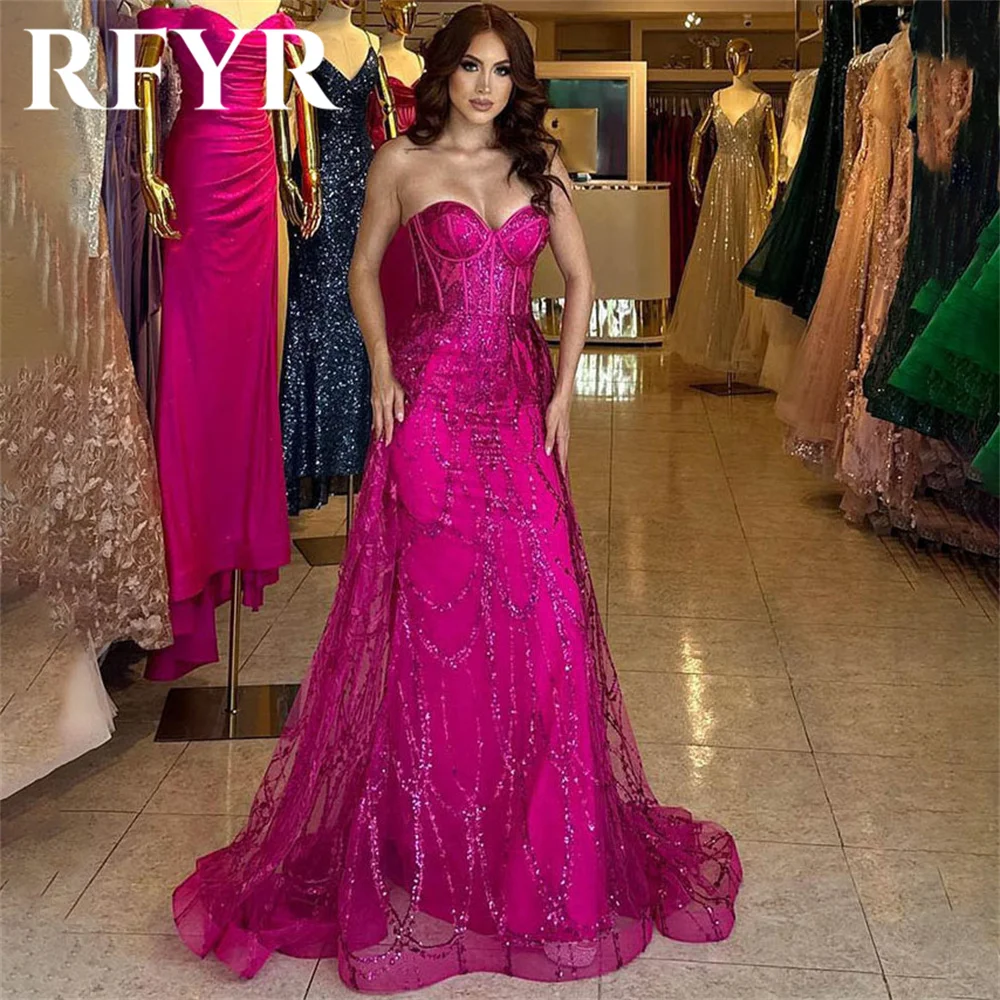 

RFYR Fuchsia Prom Dress Sleeveless Evening Party Dresses A-Line Sweetheart Floor Length Vestido Sequins Party Gowns Customized