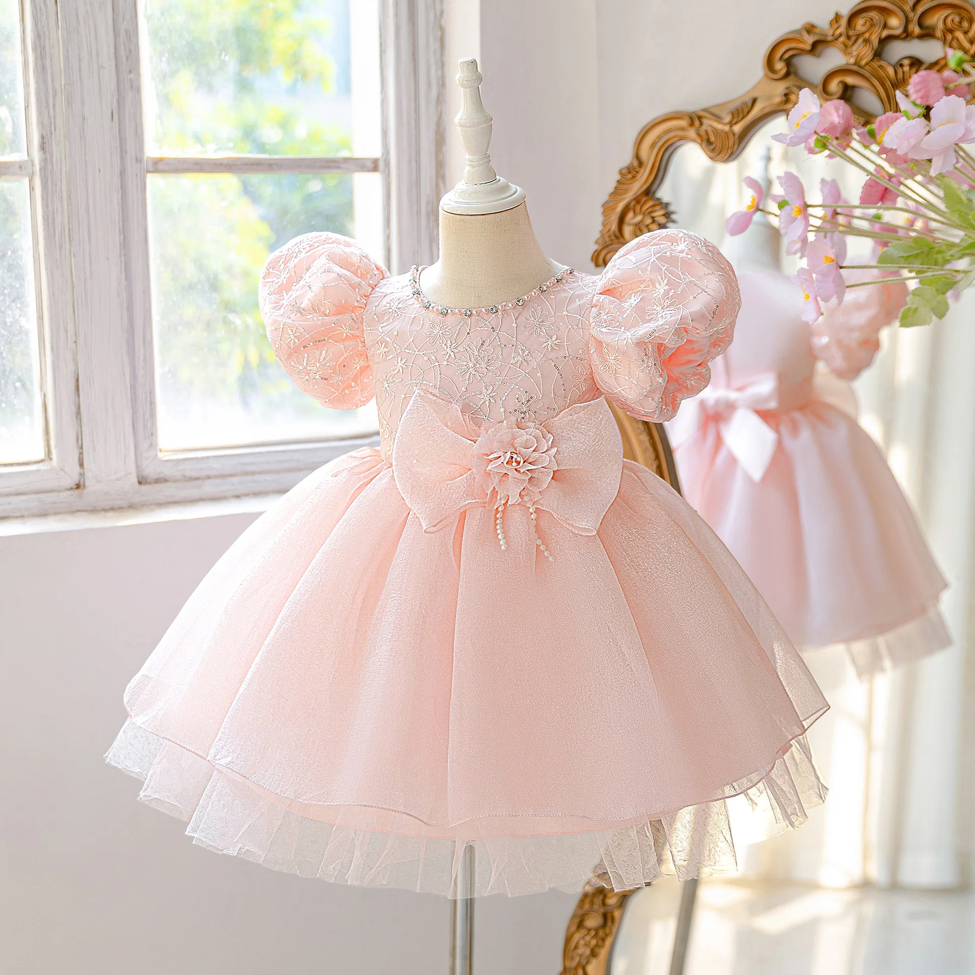 2026 New Baby Summer Girls Boutique Pink Bow Tutu Dress , Princess Kids Sweet Fashion Party Dress  4-8 T