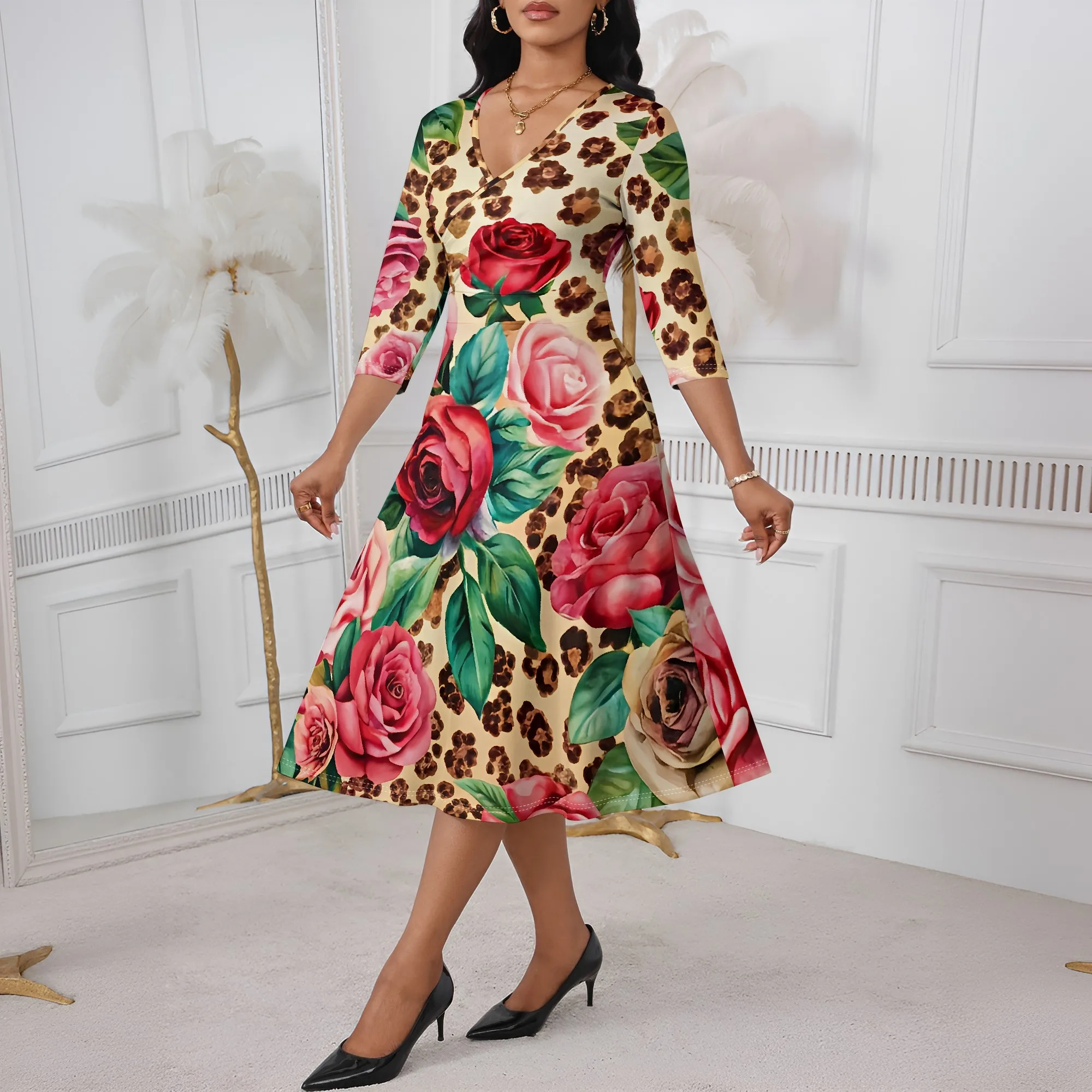 

Rose Leopard Print Wrap Dress XS-3XL Romantic A-Line Style with V-Neck for Date Night, Valentine’s Day or Glam Party Look