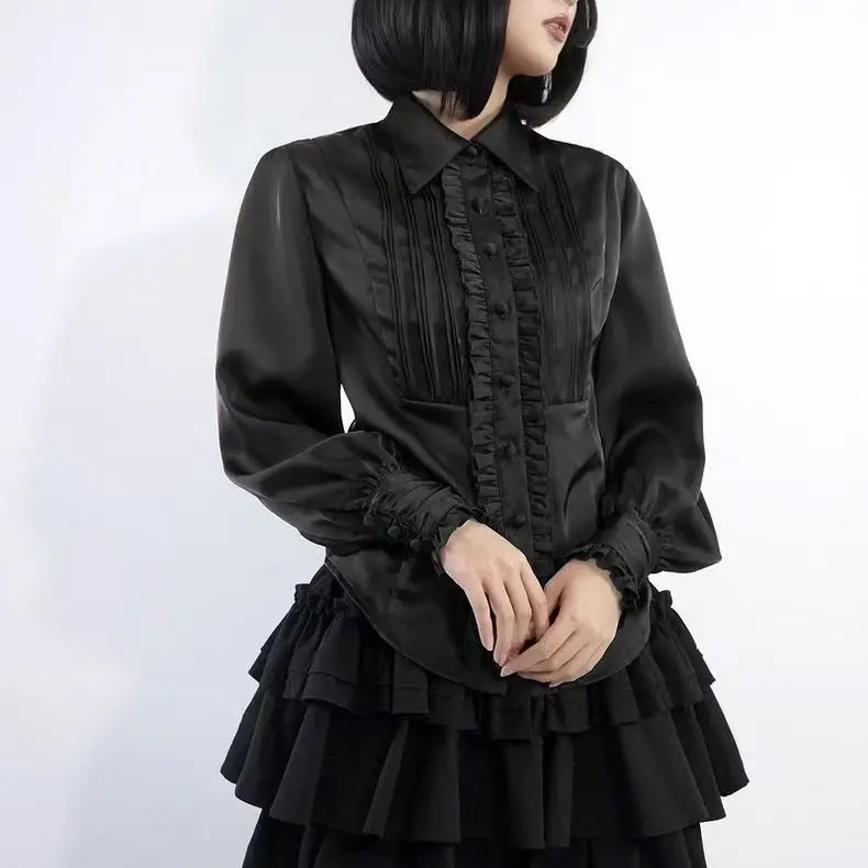 Kimotimo New Lolita Long Sleeve Shirt Women Ruffle Trim Slim Fit Button Up Blouse Sweet Gothic Lolita Top