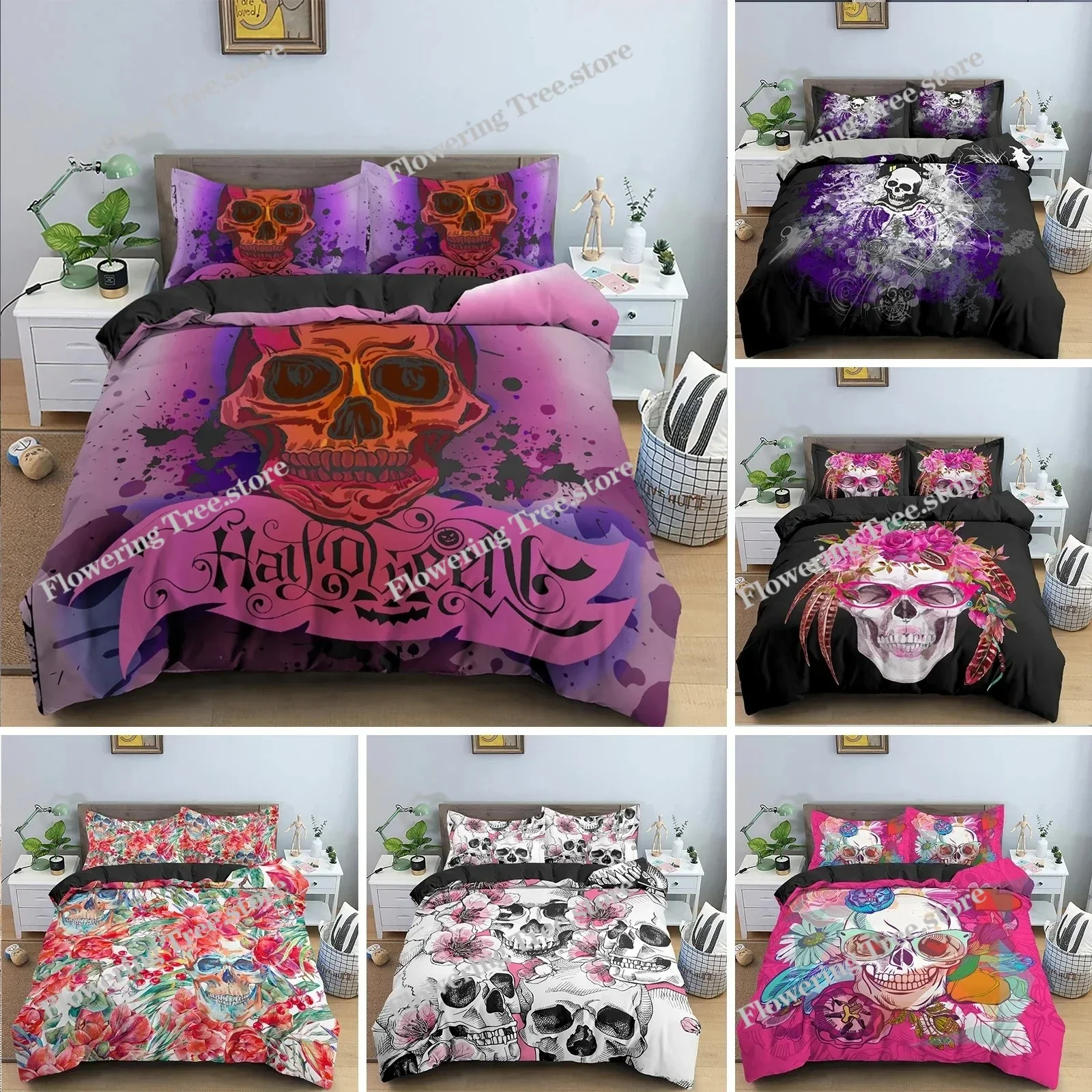 

Hot Style Soft Bedding Set 3d Digital Skull Printing Duvet Cover Set with Zipper Single Twin Double Full Queen King