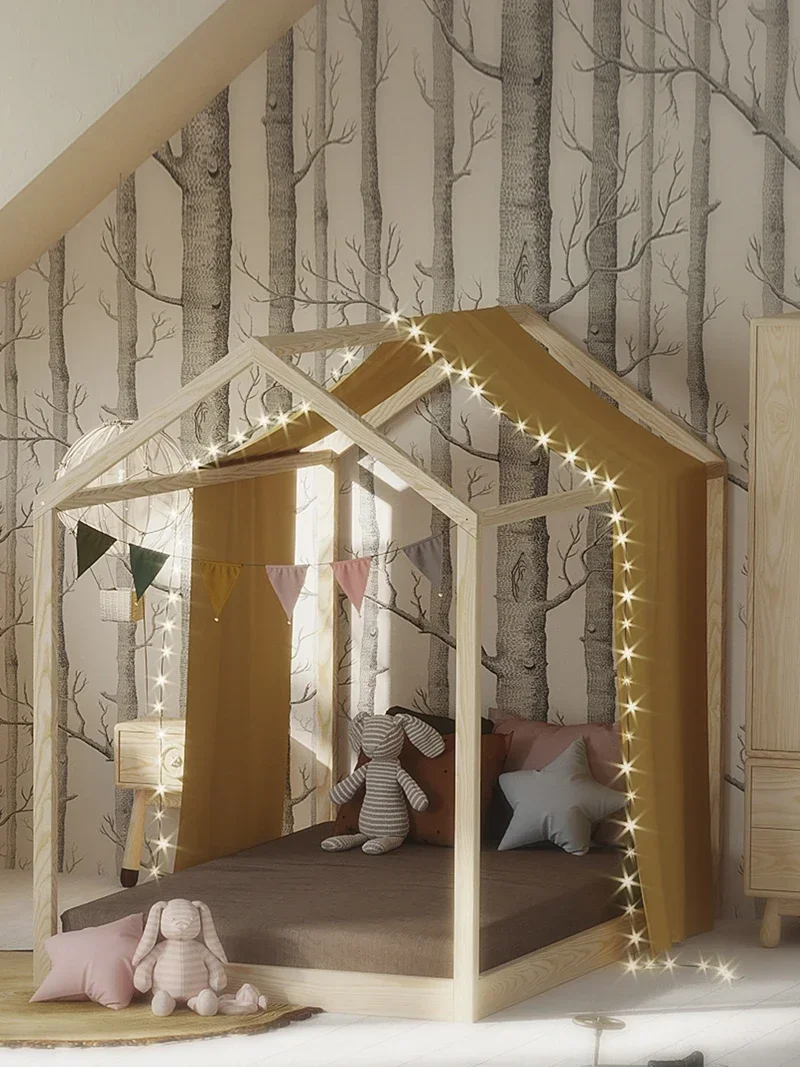 

Upper-Shaped Children's Wooden House White Wax Children's Bed 1.2 1.5 M Solid Wood Furniture