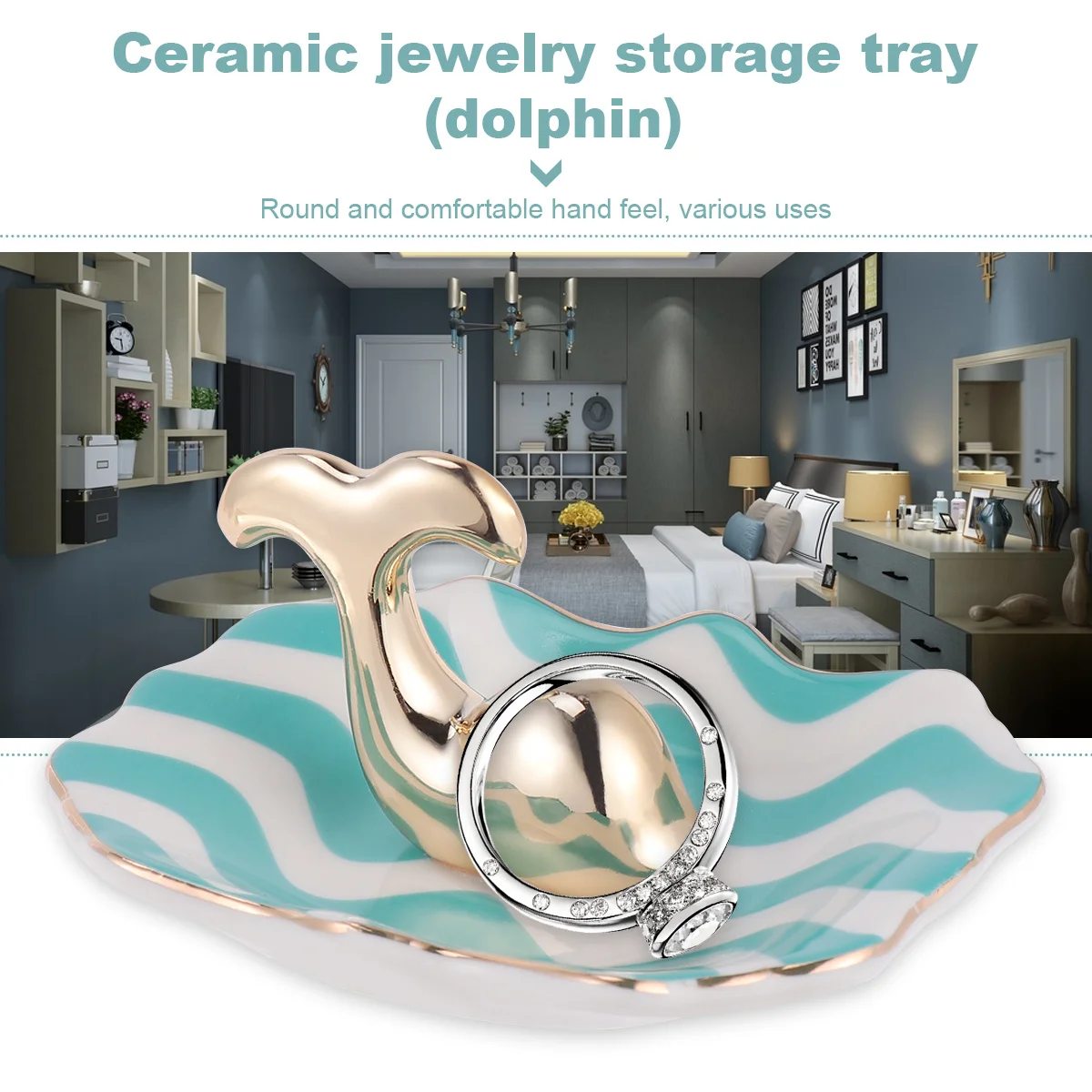 صينية تخزين المجوهرات الخزفية بتصميم دولفين طبق مزخرف للخواتم والأقراط والمفاتيح والأساور ديكور غرفة النوم والحمام المنزلي