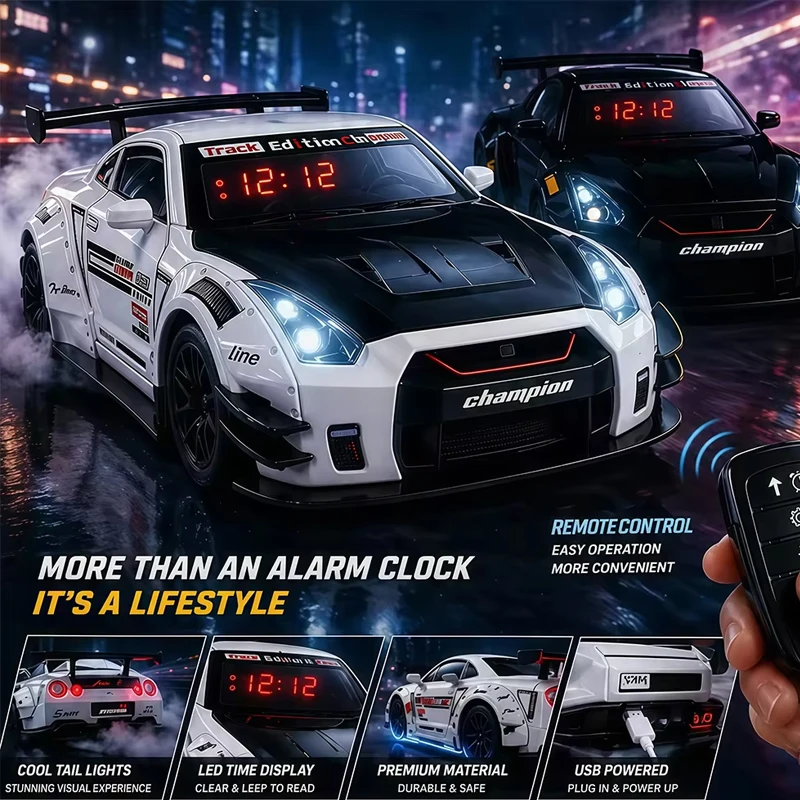 1PCS Rechargeable LED Car Alarm Clock, Hypercar Model Desk Clock with Remote Control, Simulation Engine Sound, Desk Decor Gift