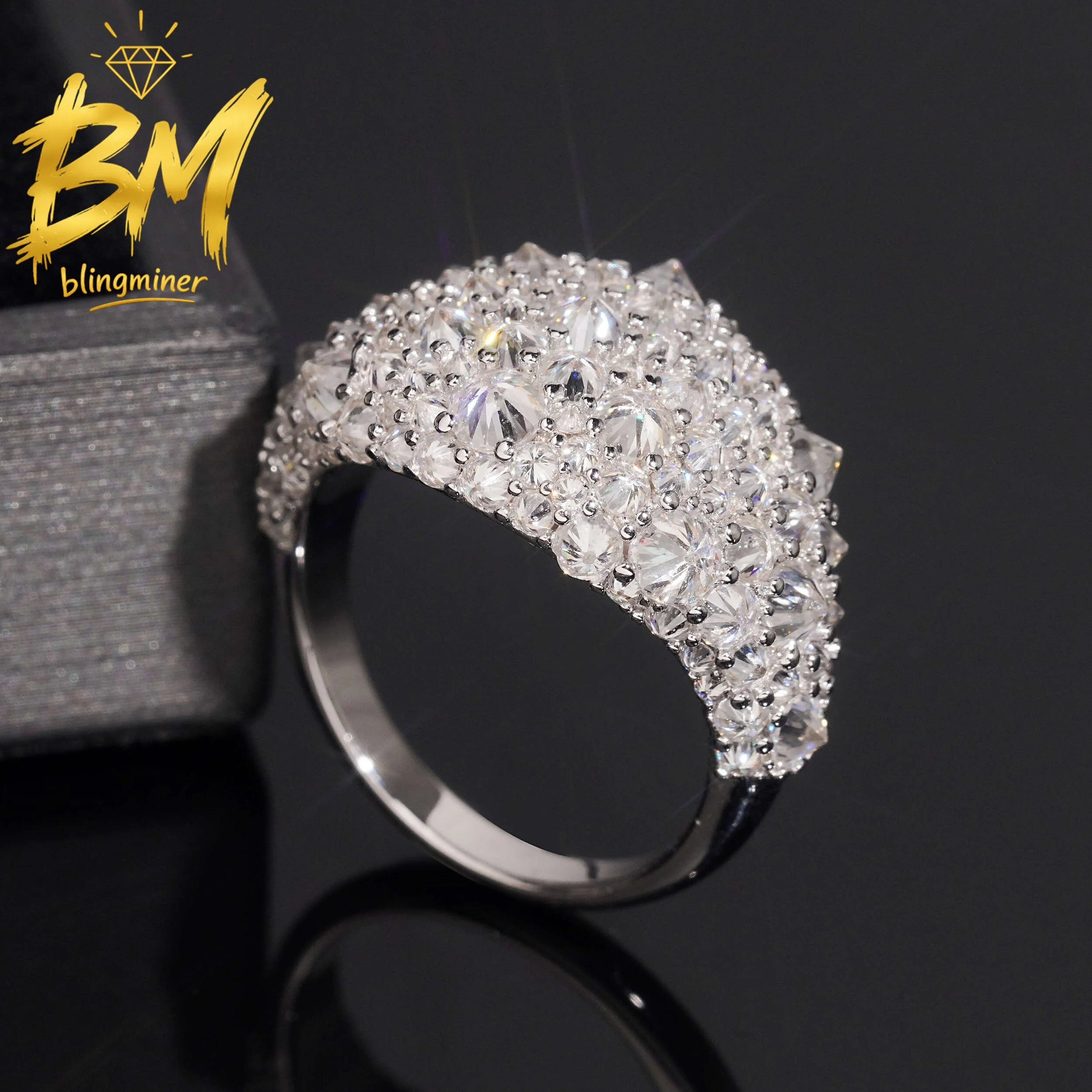Blingminer S925 Silver Claw Setting Round VVS Moissanite Rings For Men Women Finger Jewelry Pass Diamonds Tester Free Shipping