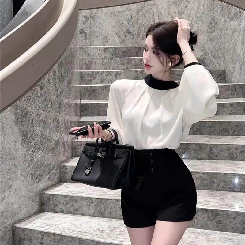 Temperament Contrast Lacing Shirt Tops Spring Autumn New Long Sleeve O-neck Solid Korean Blouse Fashion Elegant Women Clothing