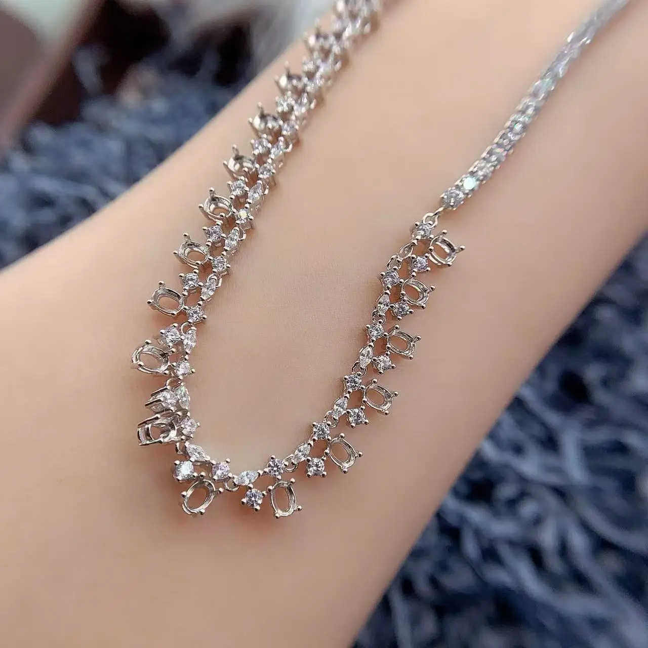 MeiBaPJ / 3*4mm 21pcs Oval Stone S925 Pure Silver Necklace Setting All Diamonds Evening Dress Women DIY luxury Jewelry Wholesale