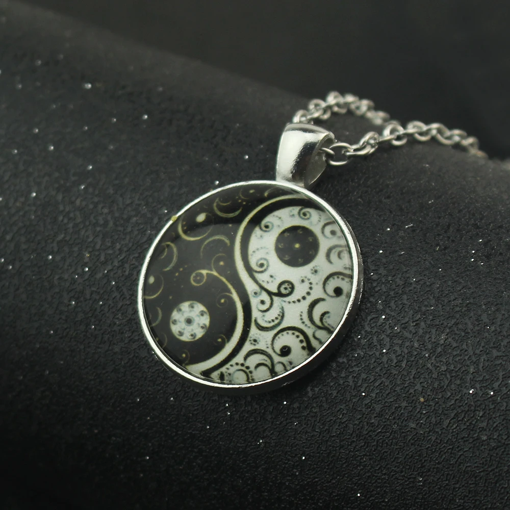 NEW Yin Yang Tai Chi Necklace Moon Dragon Butterfly Glass Cabochon Pendant Fashion Statement Crystal Necklace Gift