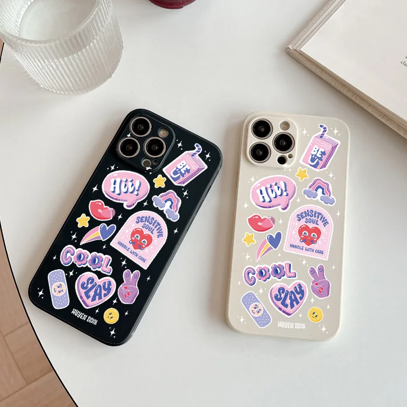 Ins Pink Rainbow Sticker Boss Case For Iphone 11 12 Mini 13 14 15 Pro Max Liquid Silicone Soft 7 Plus SE XR XS Shockproof Cover