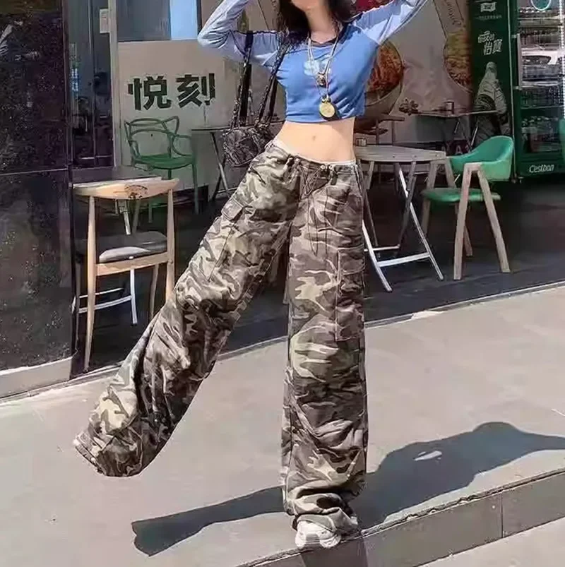 سراويل العمل المموهة الأمريكية الرجعية فضفاضة مستقيمة الساق عادية رقيقة طويلة بنطلون للنساء الصيف نمط شارع العليا #4