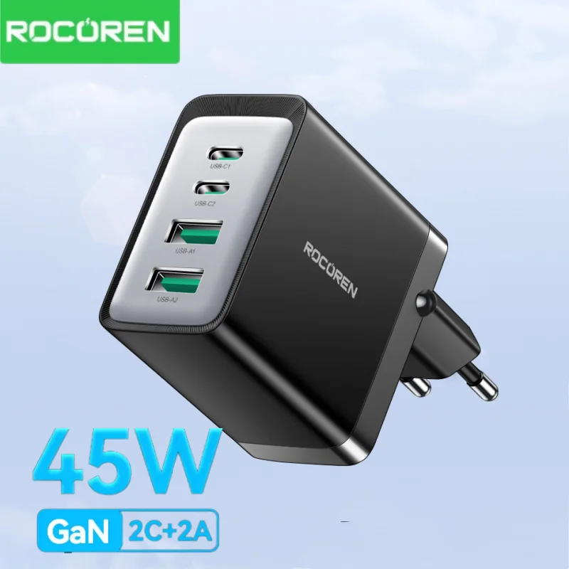 Rocoren GaN 45W 4 in 1 Multiple Ports Fast Charging USB Type C Portable Quick Charger For iPhone 17 16 15 Pro Max Samsung Xiaomi