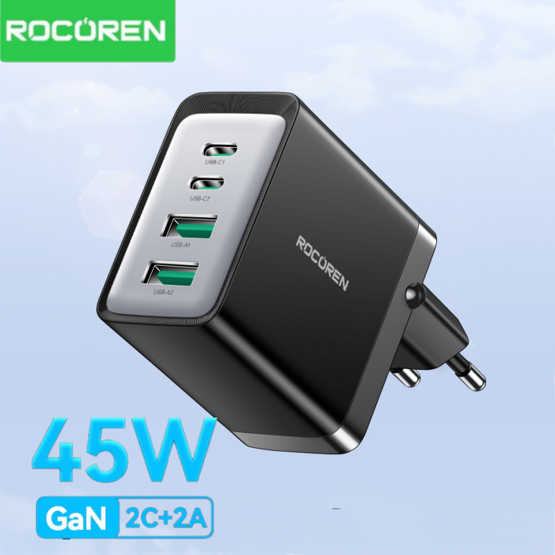  Rocoren GaN 45W 4 in 1 Multiple Ports Fast Charging USB Type C Portable Quick Charger For iPhone 17 16 15 Pro Max Samsung Xiaomi 