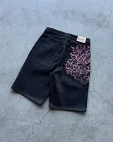 Y2k Vintage Hip Hop Cherry Blossom Pattern Embroidery Denim Shorts Baggy Straight Wide Leg Jeans Short Men Women Street Jorts