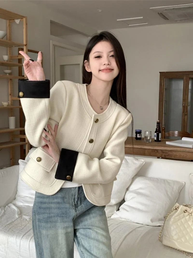 

Temperament Fragrance Coat Women Korean Round Neck Contrast Spliced Fashion Celebrity Single Breasted Loose Autumn Female Top