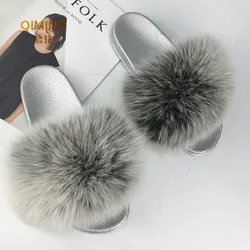 Summer Silver Soles Fox Fur Fluffy Home furry Slippers Female Non-slip Outdoor Slipper Women Beach Shoes Woman Flip Flops Slides