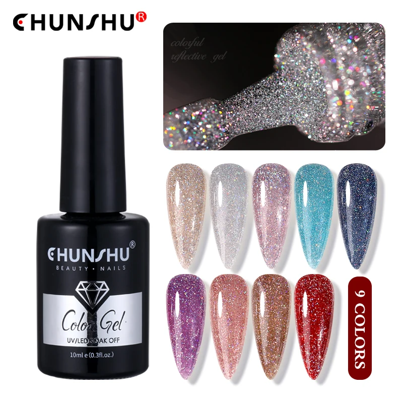 

CHUNSHU Colorful Reflective Gel Nail Polish 9 Colors Glitter Sparkling Semi Permanent Varnish Soak Off UV LED Diamond Laser Gels