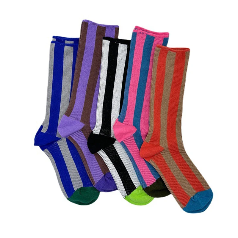 Unisex For Men Woman Line Color Matching Vertical Stripes Mid Tube Socks Double Needle Double Road Design Cotton Sports Socks