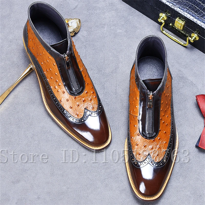 Ostrich Pattern Patent Leather Patchwork Men Ankle Boots Handmade Cowhide Front Zipper Chelsea Boots Male Business Formal Shoes