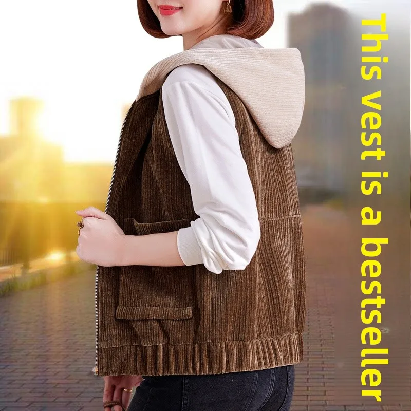 

Женский тонкий винтажный жилет на весну-осень 2023 года, с капюшоном, на молнии, из полиэстера, повседневный, модный