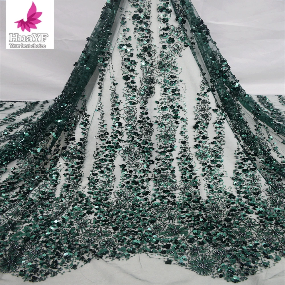 1 Yard Luxury Elegant  Emerald Green Lace With Bead And Sequins For Wedding Dress Fabric HY1795-5