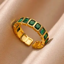 Green Square Zircon Square Spliced ​​Open Rings For Women Minimalist Stainless Steel Adjustable Wedding Aesthetic Ring Jewelry