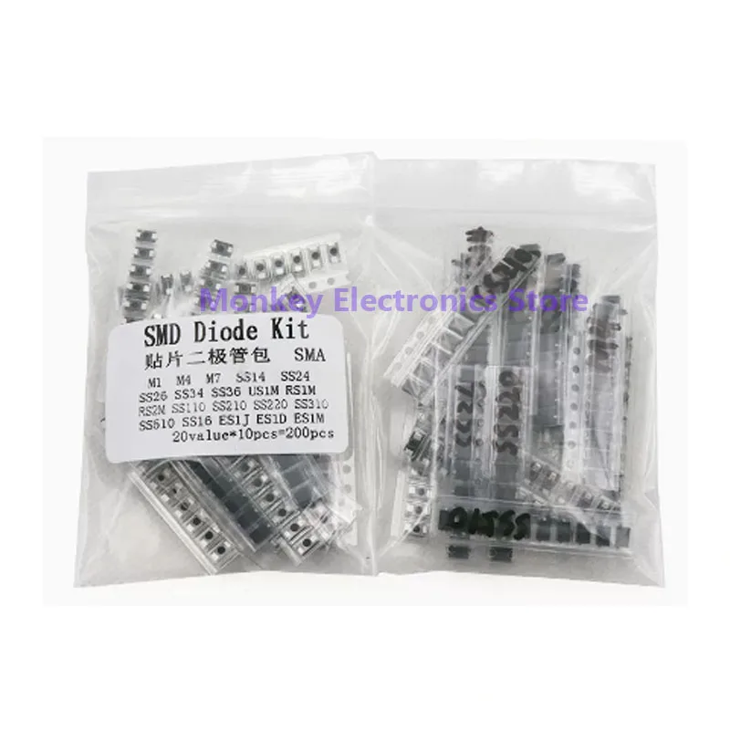 

200pcs SMD Diode Pack SMA M1 M4 M7 SS34 SS14 RS1M SS110 ES1J US1M 20value*10pcs