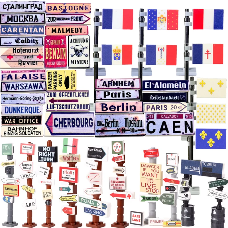 WW2 Military Warning Road Sign Building Blocks Army Soldier Figures campsite Accessory French National Tricolor Flag Mini Brick