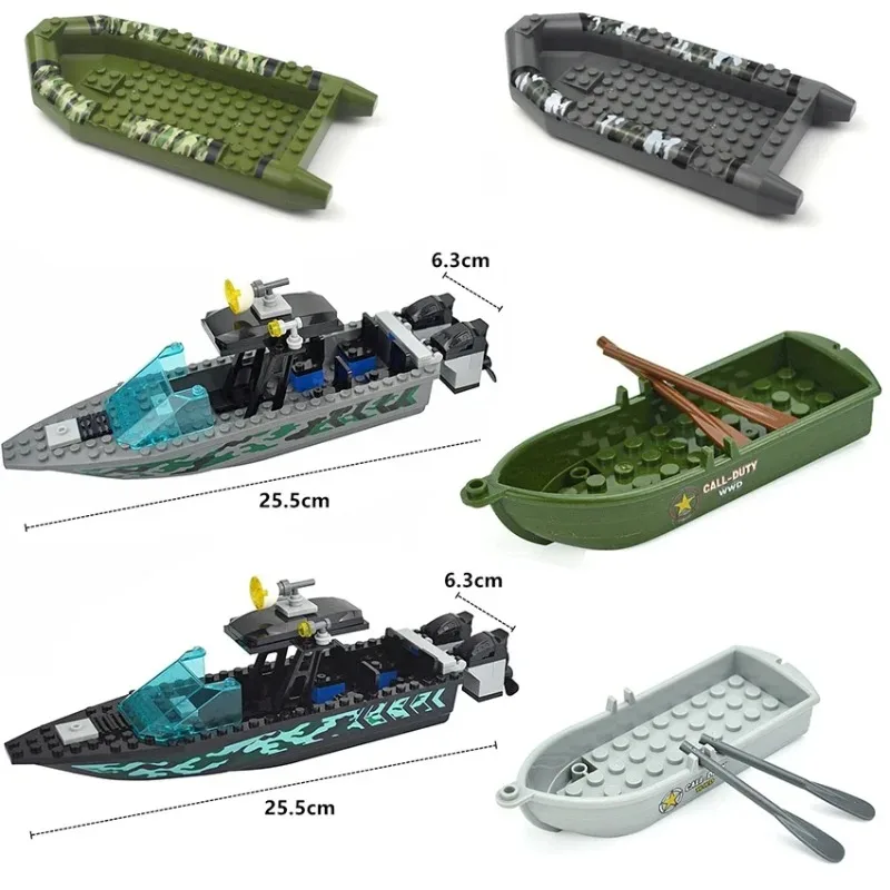 MOC Military Army Camouflage Rubber Boat Canoeing Lifeboat Kayaking Army Tent  WW2 Warship ModelKid Building Blocks Toys Gifts