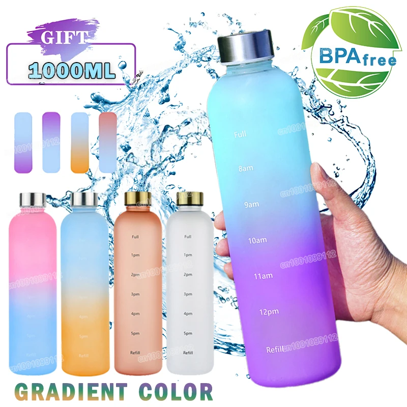 1Liter Water Bottle With Time Marker Leakproof Gym Fitness Sports Bottle for Outdoor Travel Plastic Frosted Drinking Bottles