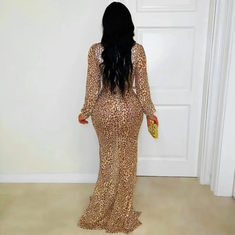 KEXU Sexy Sheer Mesh Deep V-neck Leopard Print High Slit Lantern Long Sleeve Maxi Dress Bodycon Bandage Slim Party Dresses