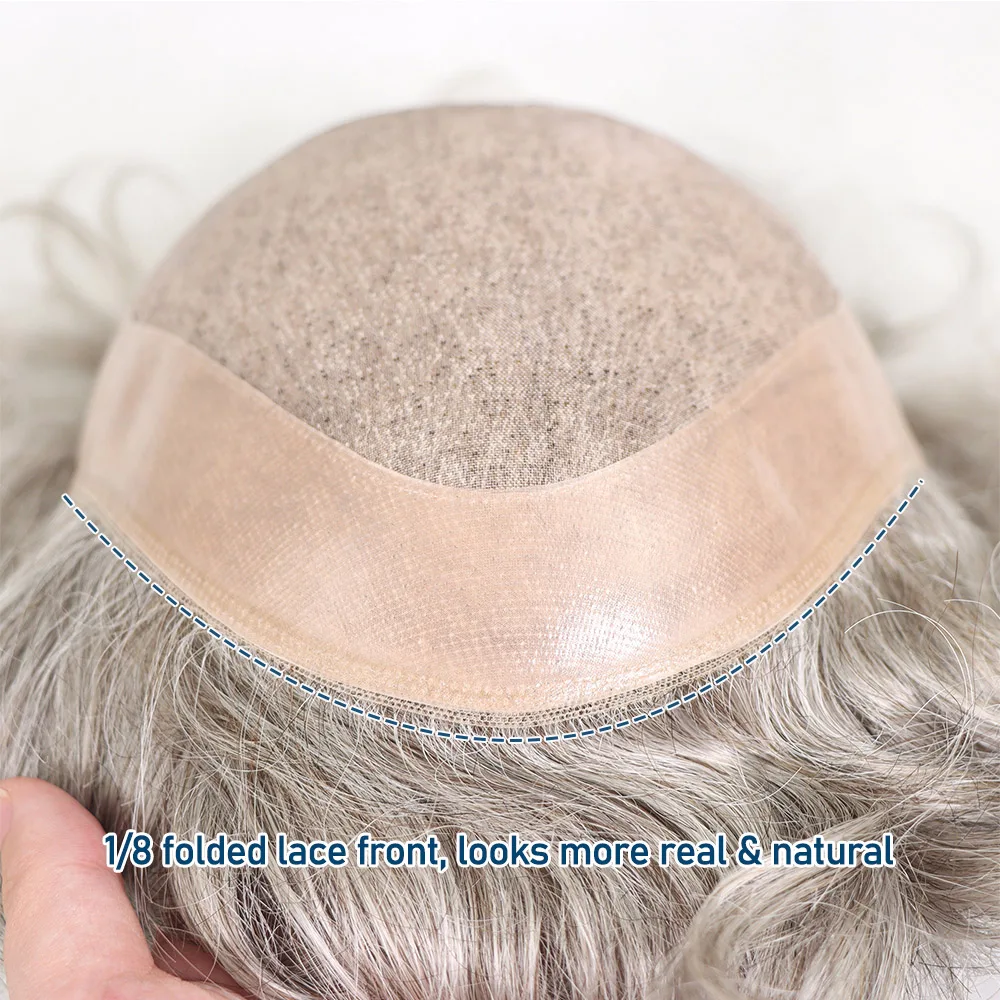 # 580 مونو توب PU حول الرجال الشعر المستعار شعر الإنسان الاصطناعية شعر مستعار الذكور هيربيسي فضي رمادي بولي نظام الشعر للرجل 8x10 بوصة #3