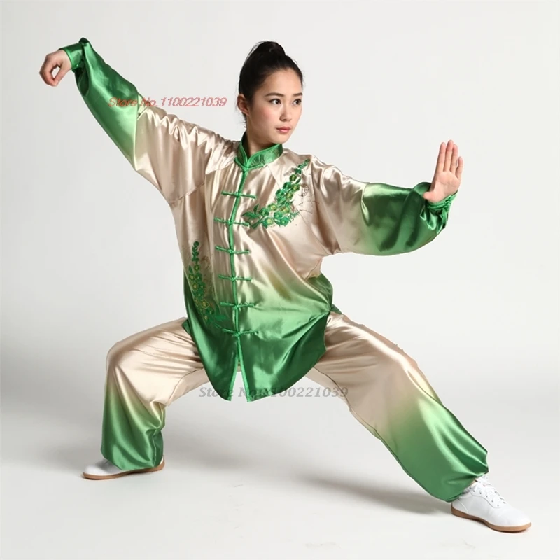 2024 chinese tai chi wushu kung fu martial arts wing chun suit gradient color flower embroidery training stage performance set