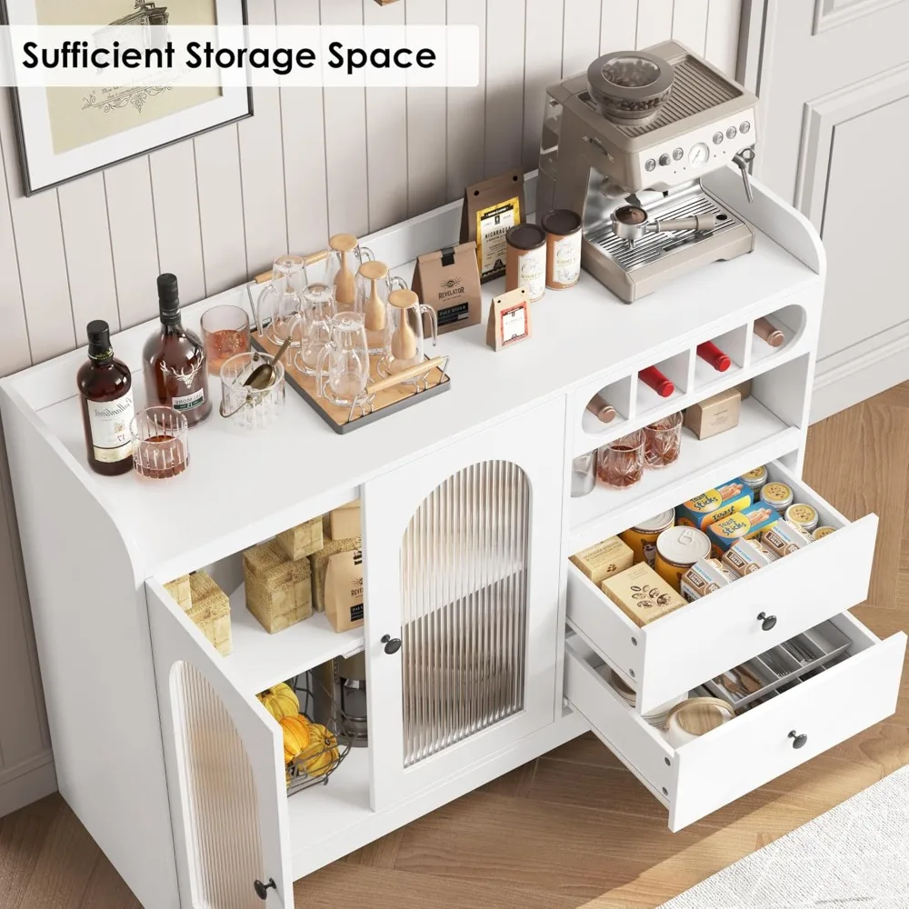 Buffet-Sideboard-Schrank mit Stauraum, Küchenbuffet-Aufbewahrungsschrank mit Schubladen, geriffelte Glastüren, Buffett-Tisch, Kaffeebar