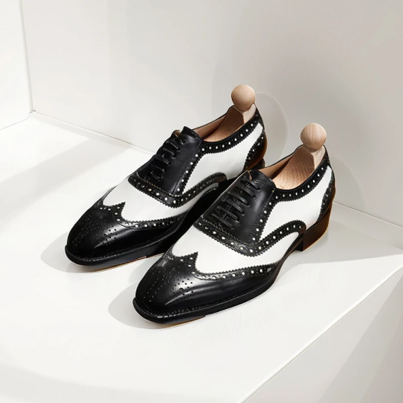 

Oxford Shoes Men Cow Leather Lace Up Brogue Shoes Square Toe Formal Dress Business Wedding Footwear