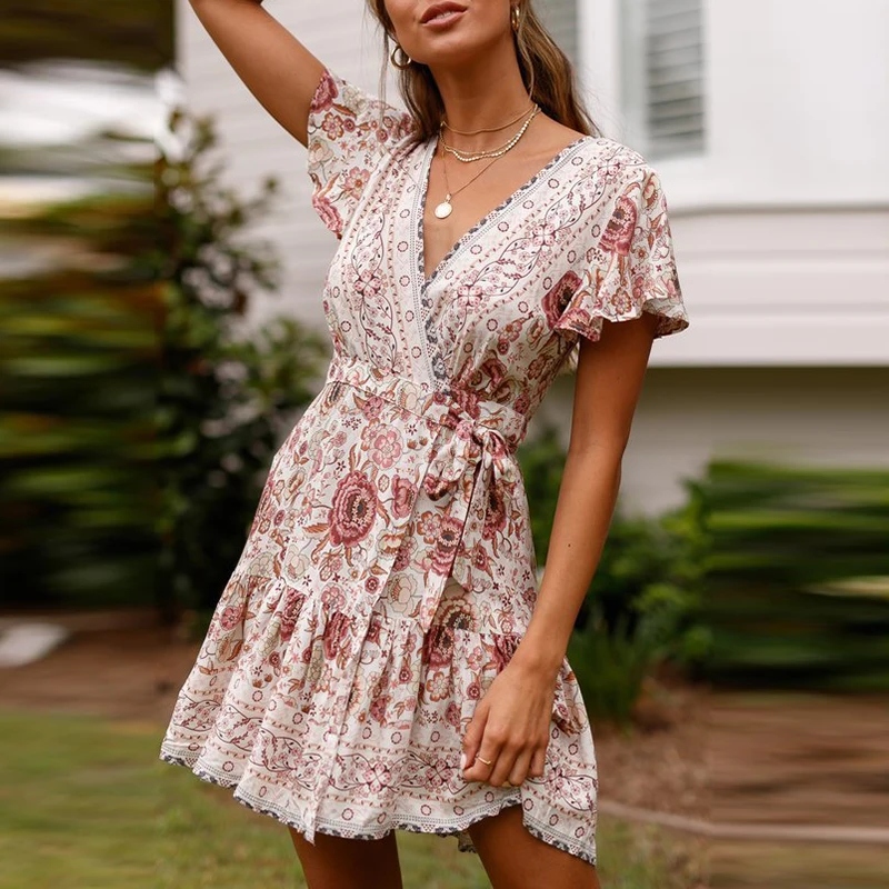 Sommer neue Vintage bedruckte Kleid lässig kurze Ärmel V-Ausschnitt Schnürung Taille Damen kleider Streetwear Mode Strand Party kleid