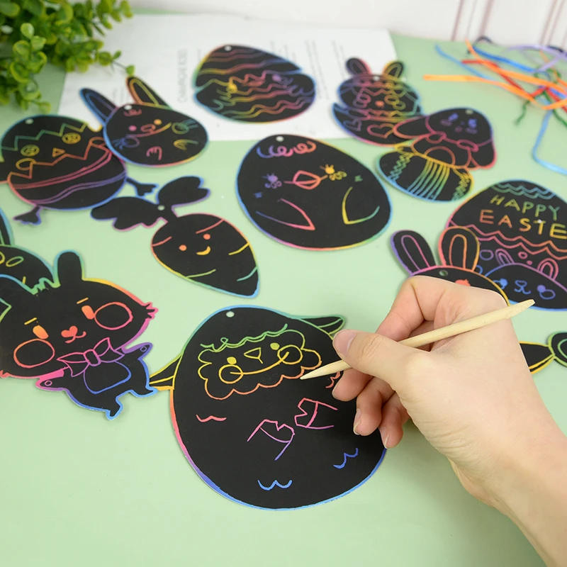 12pcs Easter Magic Scratch Art DIY Painting Crafts Kids Gift Easter Decoration Bunny Chick Colorful Scratch Painting Stencil