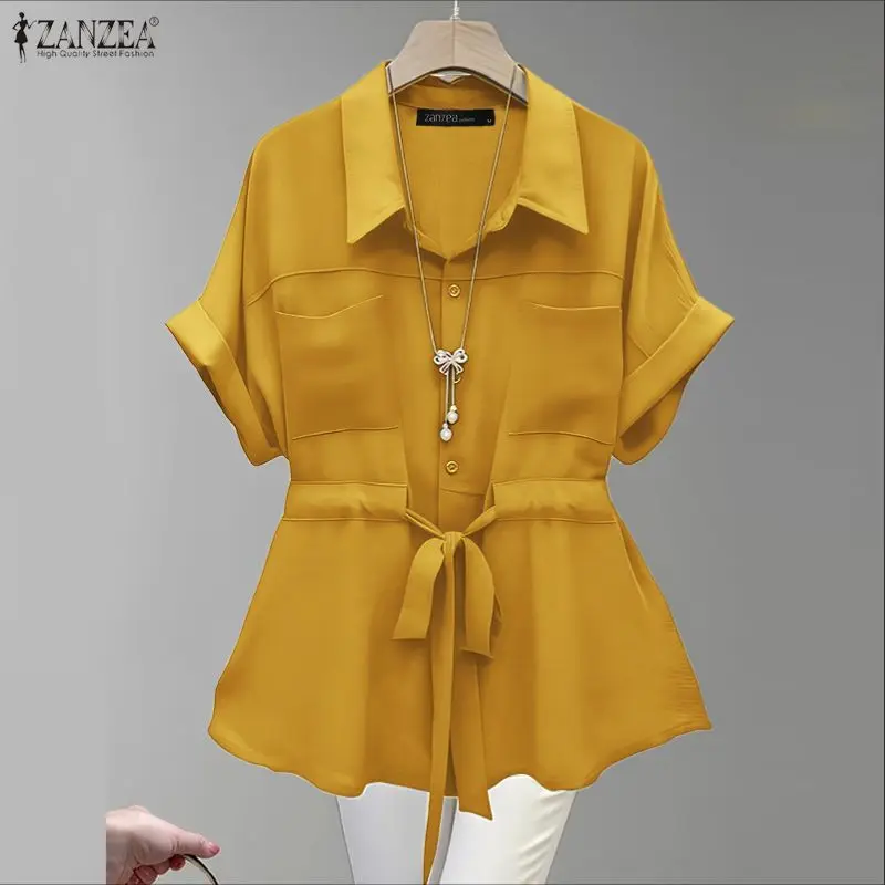 

2026 ZANZEA Office Women Blouse Summer Fashion Shirts Lapel Neck Short Sleeve Blusas Elastic Waist Solid Buttons Tops Oversize