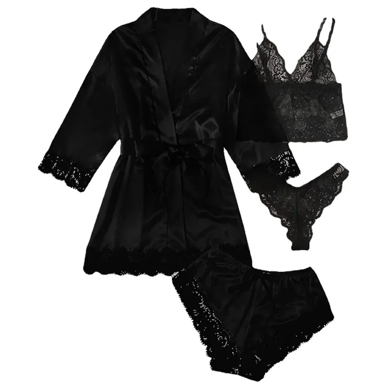 

Sexy Lace Seductive Camisole Sleepwear 4-piece Set High-quality Soft Comfortable Seamless Breathable Women's Sexy Lace Nightgown