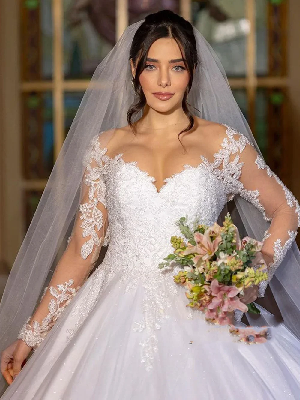 Flavinke-Vestido De novia árabe personalizado, vestidos De novia 2021, Vestido De novia transparente con cuello redondo, mangas largas, apliques, vestidos De novia