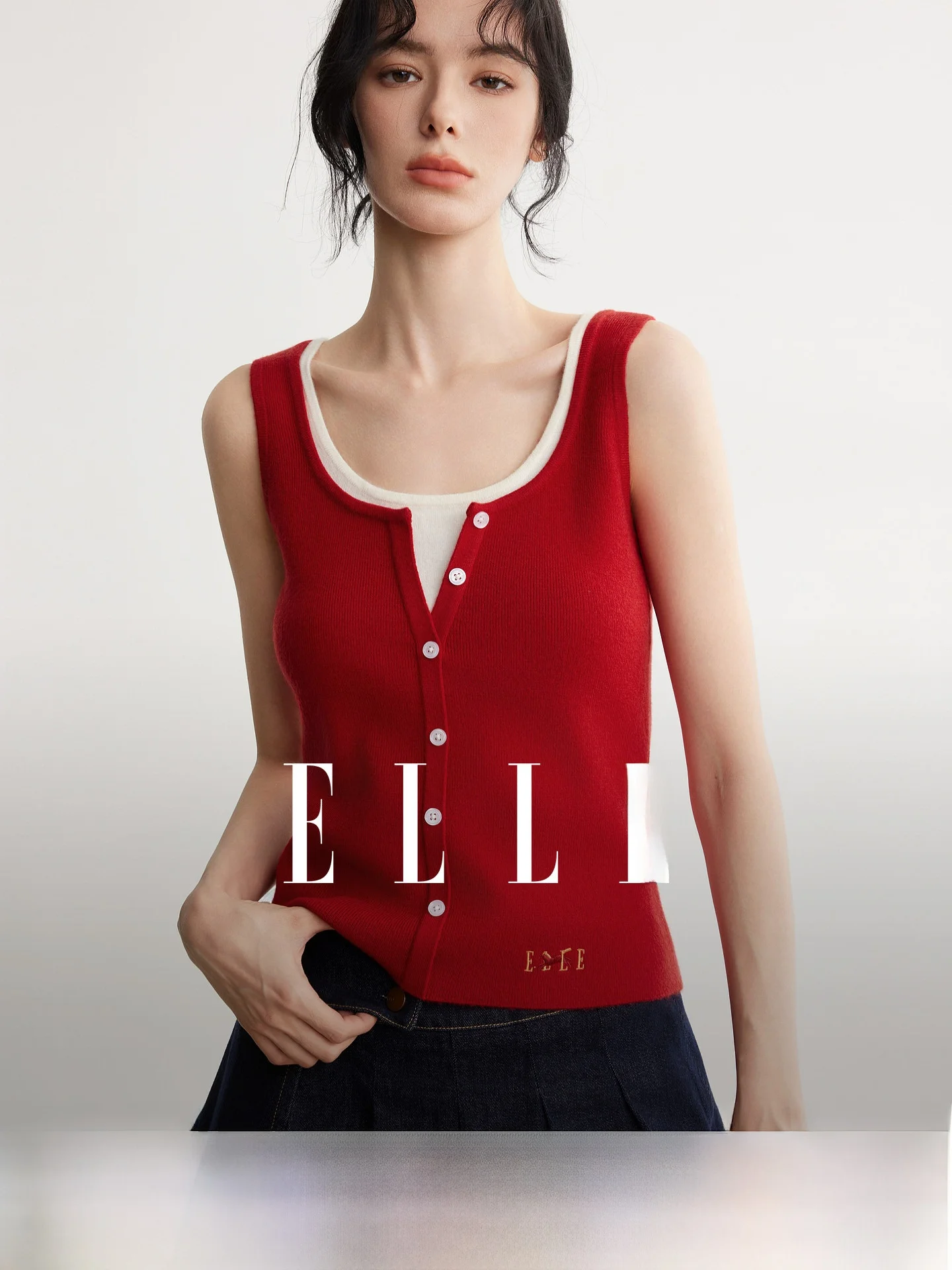 Elle Women's Slim Fit Casual Contrast Color Strap Vest Inner Wear Top Spring 2026 New Style Commute Style Wool Blend Polyeste...
