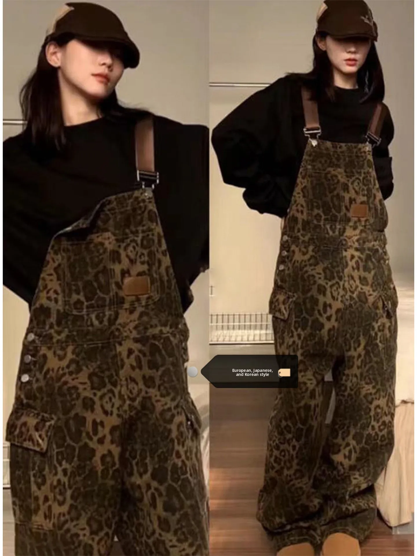 

American Retro plus Size Leopard Print Denim Overalls Women Summer Loose High-End Unique Straight Leg Pants Trendy