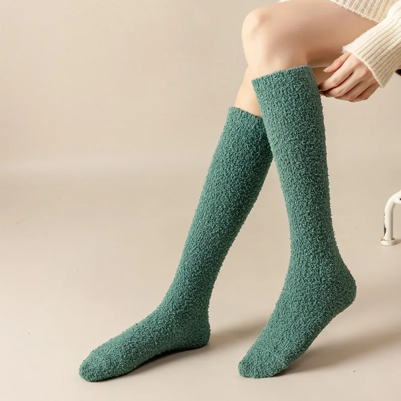 Long Women Winter Sock Solid Color Warm No shedding Coral Fleece Plush Sleep Floor Socking Girl Thick High Sock Student Socken