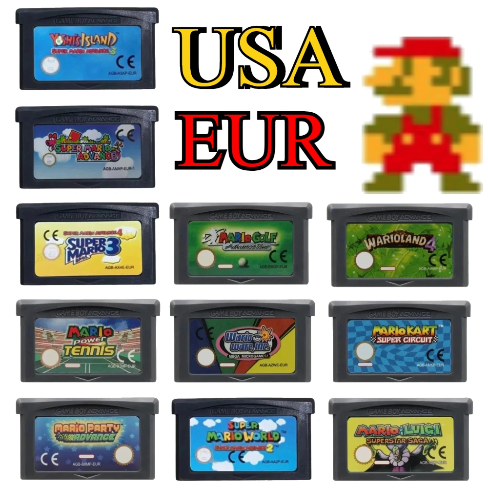 Image of 19 Stile 32-Bit GBA Spielmodule Bs Wario Serie Videospielkonsolen-Karte USA-Yoshi Island 3 Bros ADVANCE Golf Superstar Saga