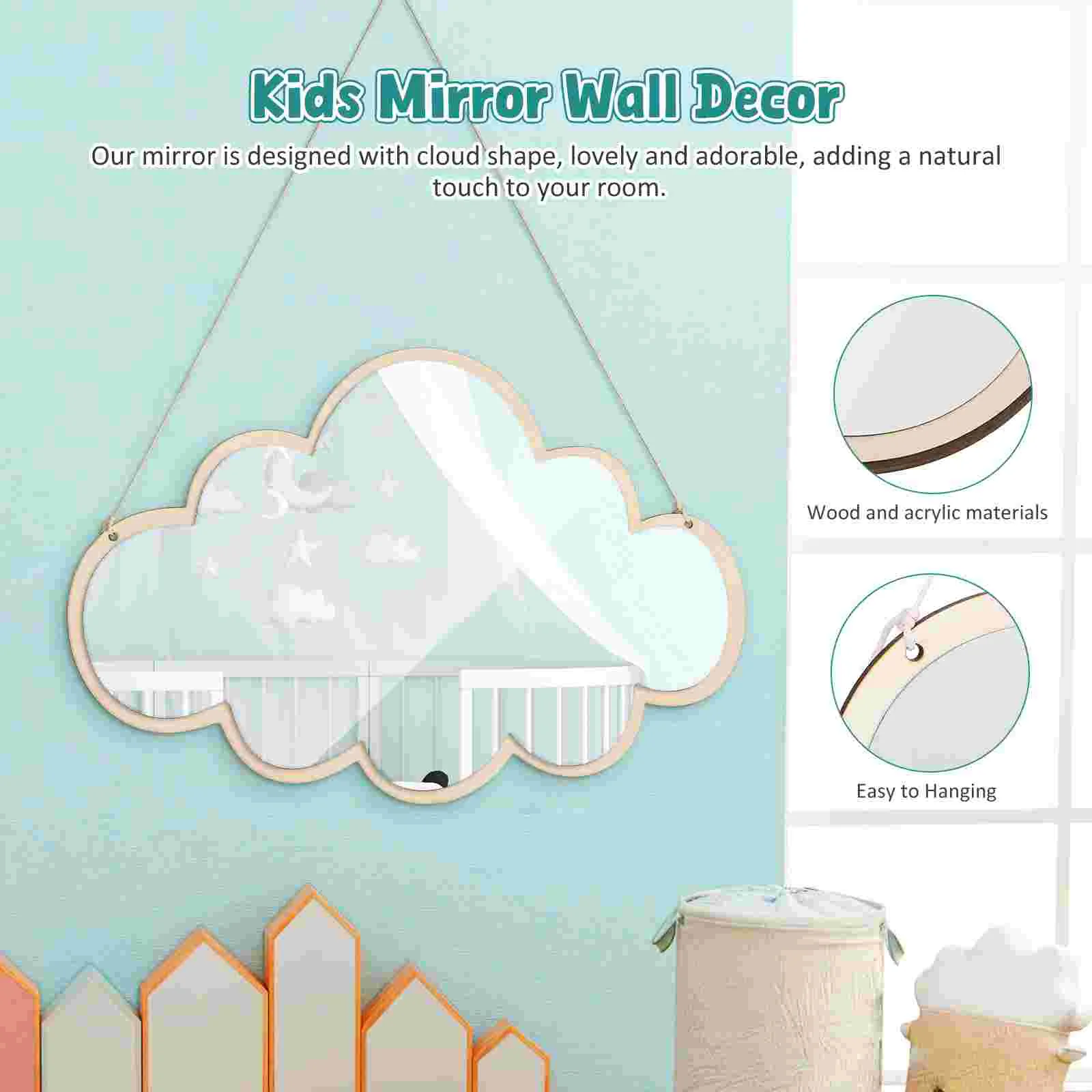 Espejo acrílico de madera para niños, irrompible, inastillable, seguro, pegatina para niños pequeños, adhesivo para pared, dormitorio, sala de estar, entrada, forma de nube