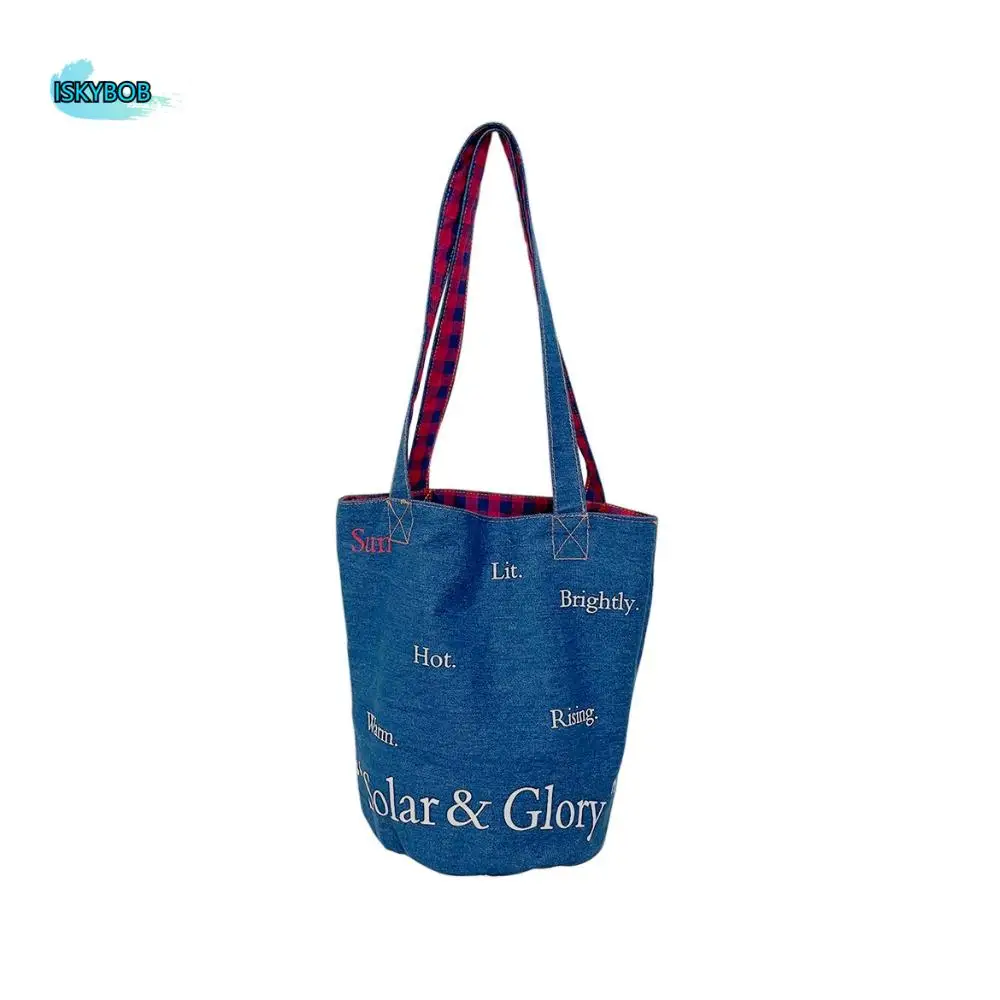 

Portable Large Capacity Denim Bucket Bag Lunch Bag Phone Pocket Denim Tote Bag Shoulder Bag Canvas Handbag Students