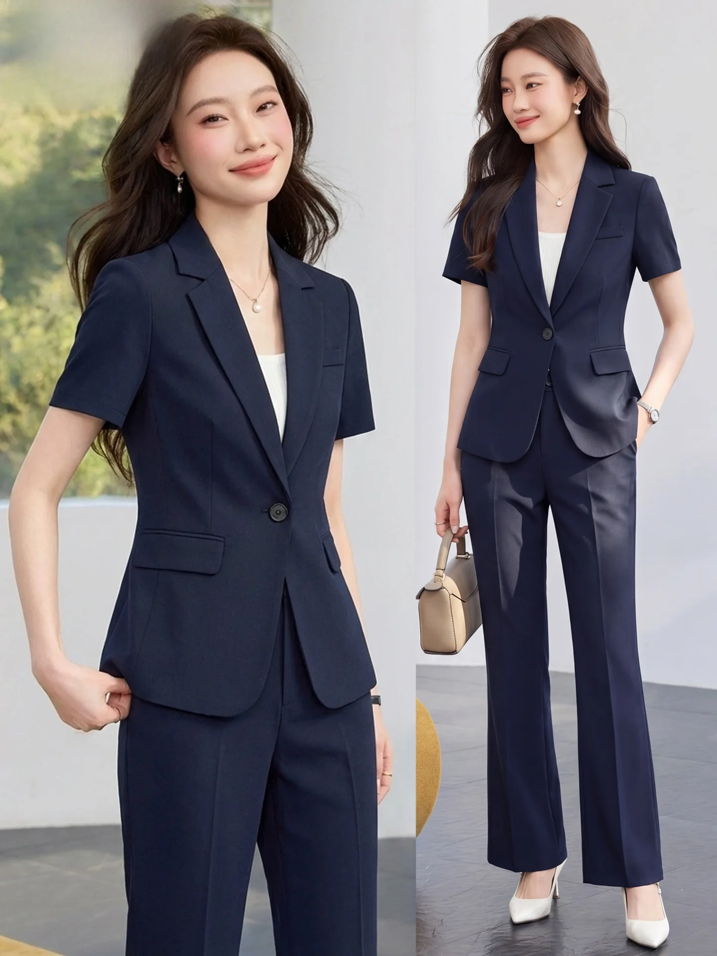 Cobalt Blue Thin Suit Set for Women Professional Workwear Interview Dress Code Summer New Arrival Elegant Polyester Fiber