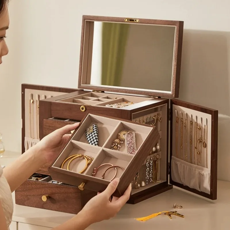 Vintage Jewelry Box Solid Wood Drawer Jewelry Storage Cases Woman Bracelet Ring Box Earrings Necklace Organizer Case With Mirror
