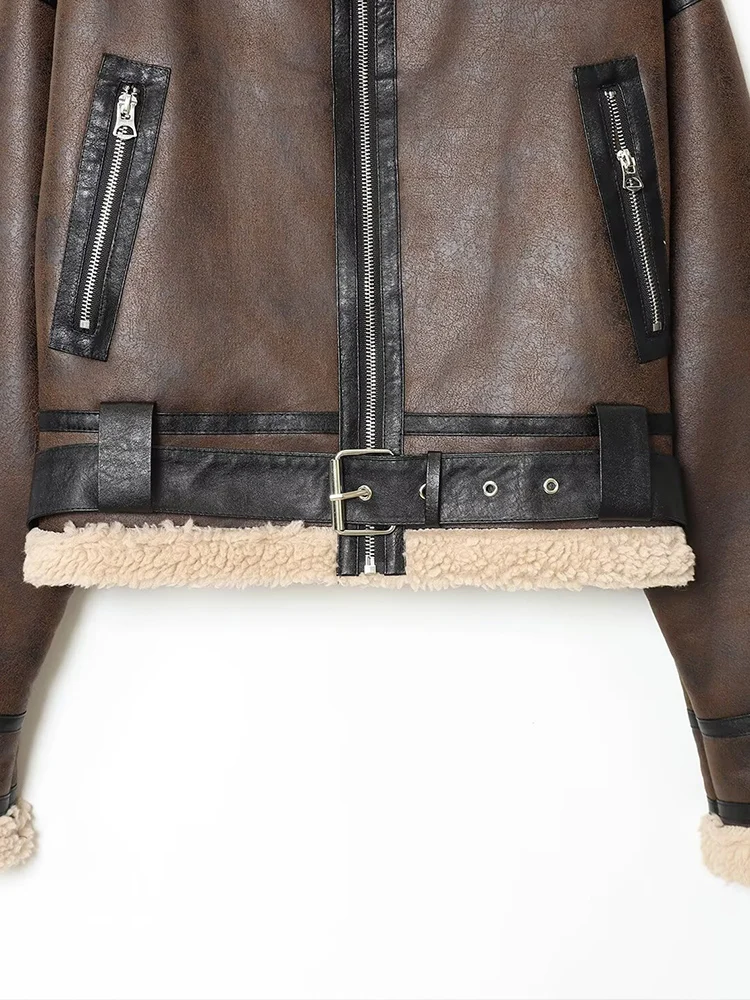 Giacca invernale in ecopelle a maniche lunghe con risvolto corto a doppia faccia, nuova tendenza della moda femminile in stile europeo e americano