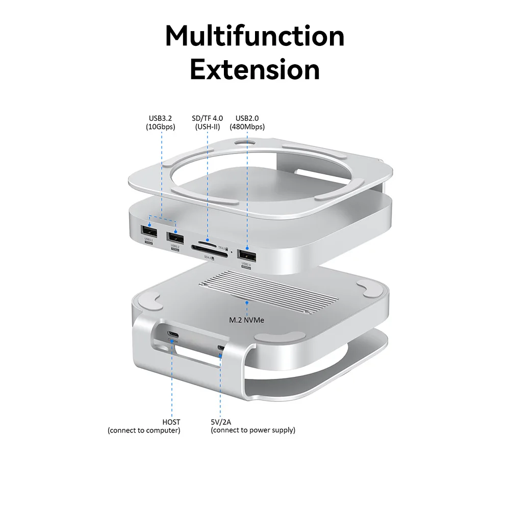 Mac mini USB C Hub พร้อม M.2 SSD Enclosure สําหรับ Mac Mini M4/M4 Pro Stand Type-C Docking Station SSD กรณี USB3.2 Gen2 SD4.0 TF4.0