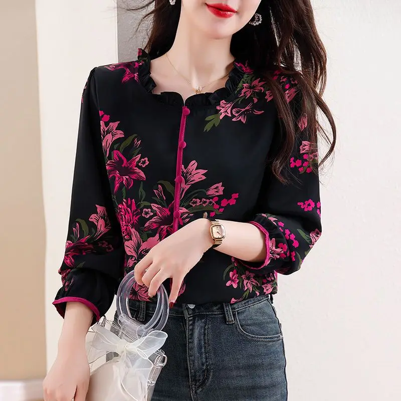 Women\'s Long Sleeved Spring and Autumn New Print Versatile Pullover Loose Temperament Chinese Style Top Chiffon Blouses Shirt